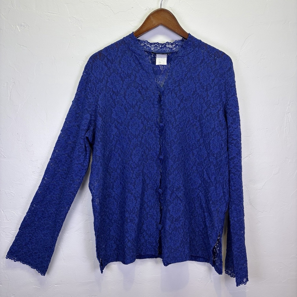 Vintage Dialogue‎ Woman's Lace Blouse Cardigan Size L Royal Blue Feminine Layer